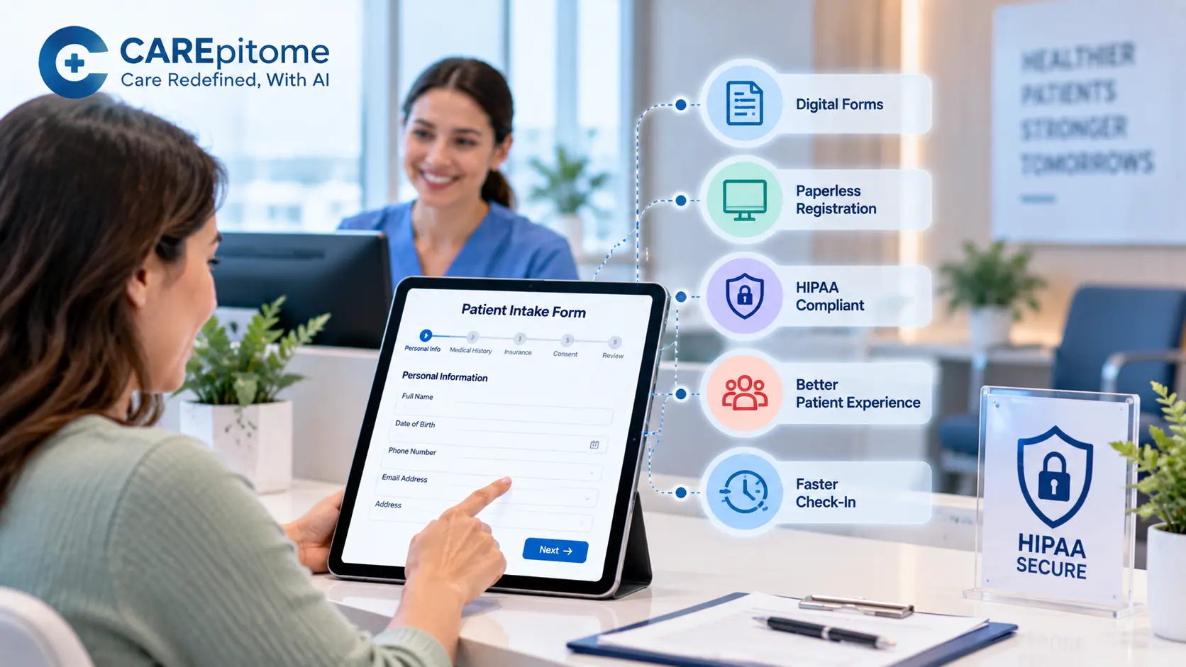 Digital patient intake forms for paperless and HIPAA-compliant patient registration