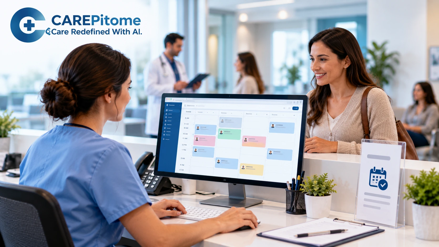 Medical front desk team using appointment scheduling software to reduce patient no-shows