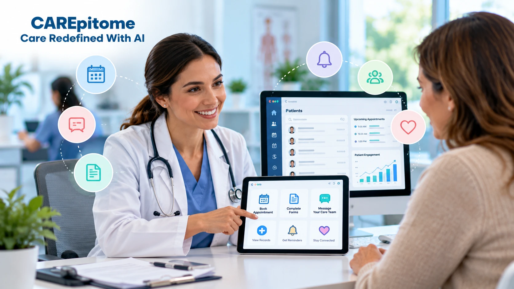 Healthcare professionals reviewing patient engagement software and digital patient management tools in a modern medical clinic